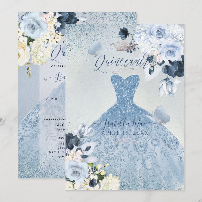 PixDezines Dusty Blue Roses Quinceanera Invitation (Front/Back)
