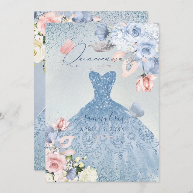 PixDezines Dusty Blue Roses Quinceanera Invitation (Front/Back)