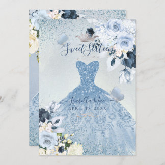 PixDezines Dusty Blue Roses Sweet Sixteen Invitation