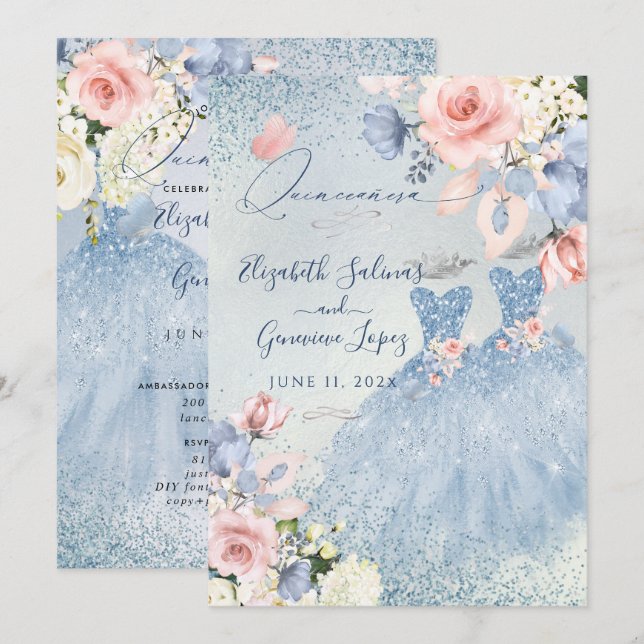 PixDezines Dusty Blue Roses Twins Quinceanera Invitation (Front/Back)