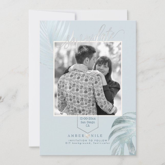 PixDezines Dusty Blue Save Date/Silver Palms The Date (Front)