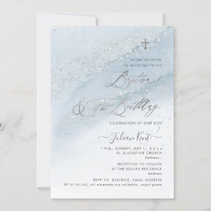 PixDezines Dusty Blue Silver Baptism+1st Birthday Invitation