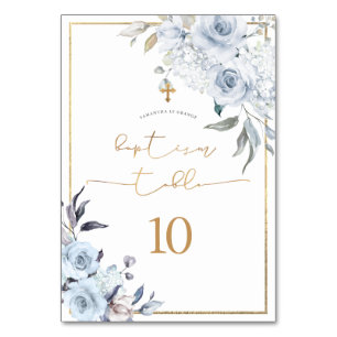 PixDezines Dusty Blue Watercolor Flowers Baptism Table Number