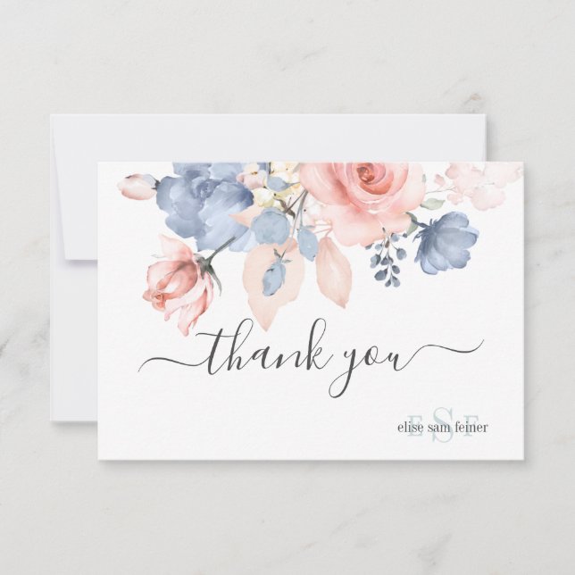 PixDezines Dusty Navy Blue Blush Roses Thank You Card (Front)