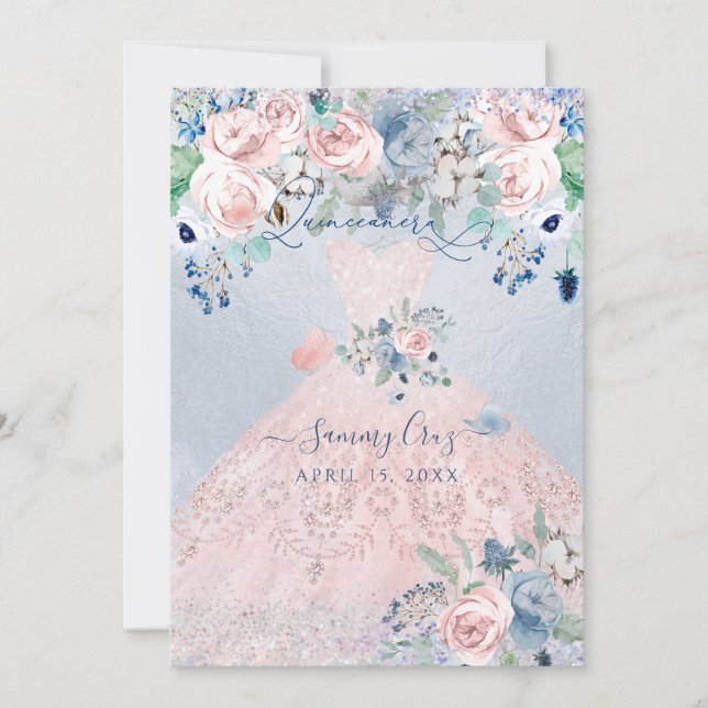 PixDezines Dusty Pink Blue Peonies Quinceanera Inv Invitation (Front)