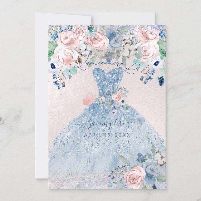 PixDezines Dusty Pink Blue Peonies Quinceanera Invitation (Front)