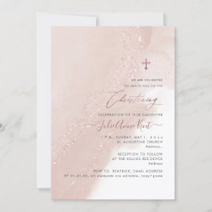 PixDezines Dusty Pink Rose Gold Christening Invitation