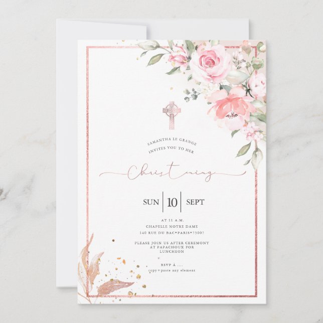 PixDezines Dusty Pink Roses Christening Invitation (Front)