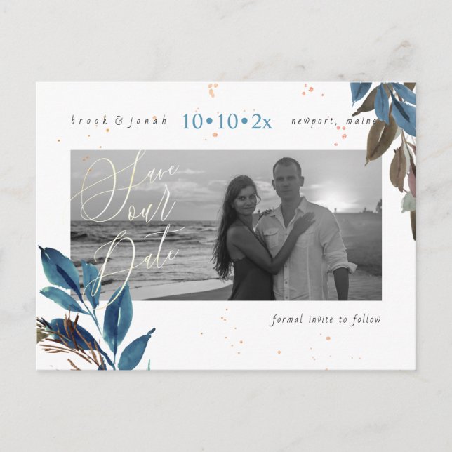 PixDezines Dusty Teal Foliage Save our Date Postcard (Front)
