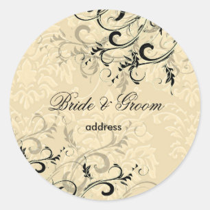 PixDezines EBONY SWIRLS/IVORY BAROQUE DAMASK Classic Round Sticker