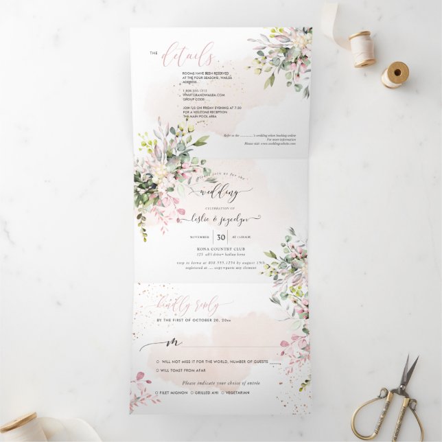 PixDezines Elegant Blush Pink Eucalyptus Tri-Fold Invitation (Inside)