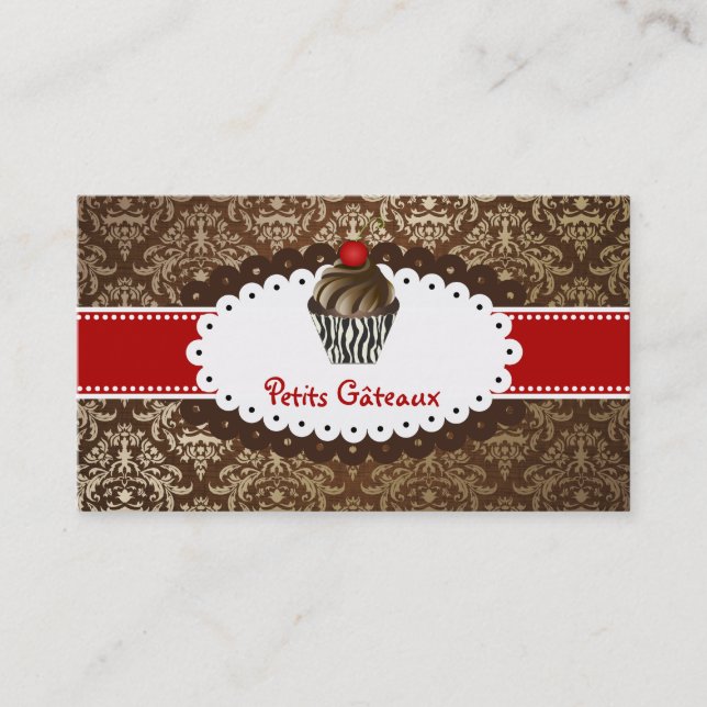 PixDezines elegant chocolate swirls cupcake Business Card (Front)