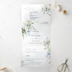 PixDezines Elegant Dusty Blue Eucalyptus Tri-Fold Invitation