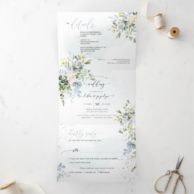 PixDezines Elegant Dusty Blue Eucalyptus Tri-Fold Invitation (Inside)