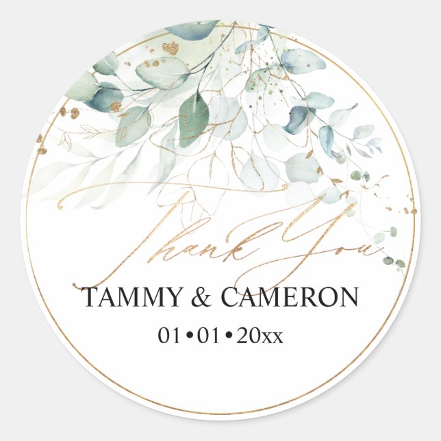 PixDezines Elegant Watercolor Greenery Eucalyptus  Classic Round Sticker (Front)