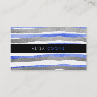 PixDezines faux blue+silver foil stripes Business Card
