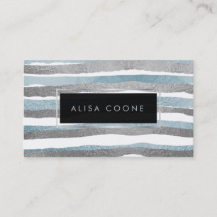 PixDezines faux blue+silver foil stripes Business Card