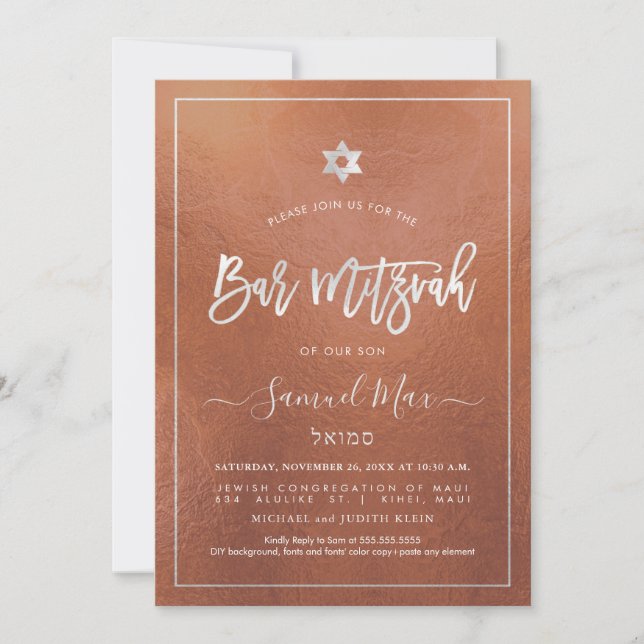 PixDezines Faux Copper+Platinum Bat Mitzvah Invitation (Front)