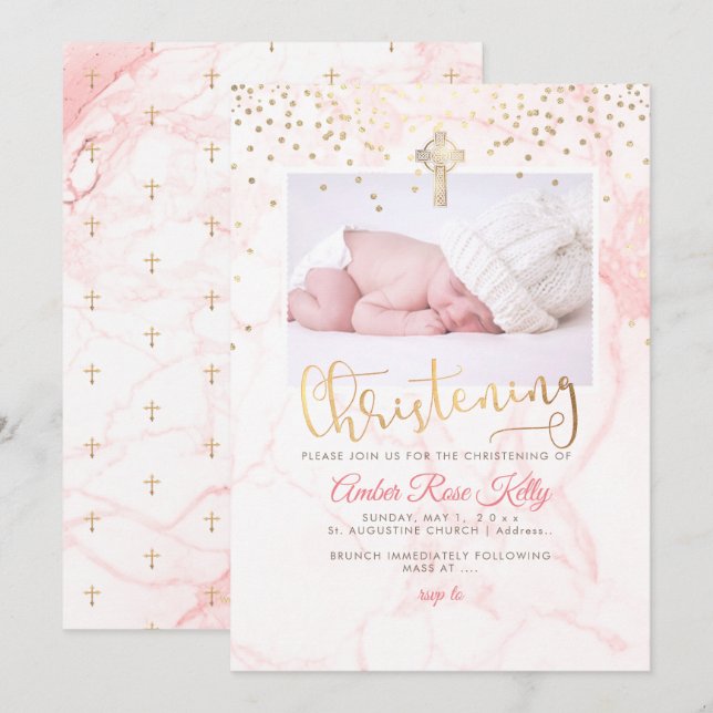 PixDezines Faux Gold Confetti+Marble Christening Invitation (Front/Back)
