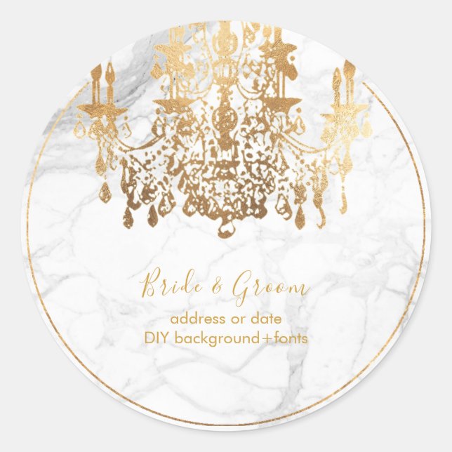 PixDezines Faux Gold Crystal Chandelier Marble Classic Round Sticker (Front)