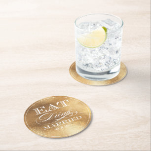PixDezines Faux Gold/Eat/Drink/and Be Married Round Paper Coaster