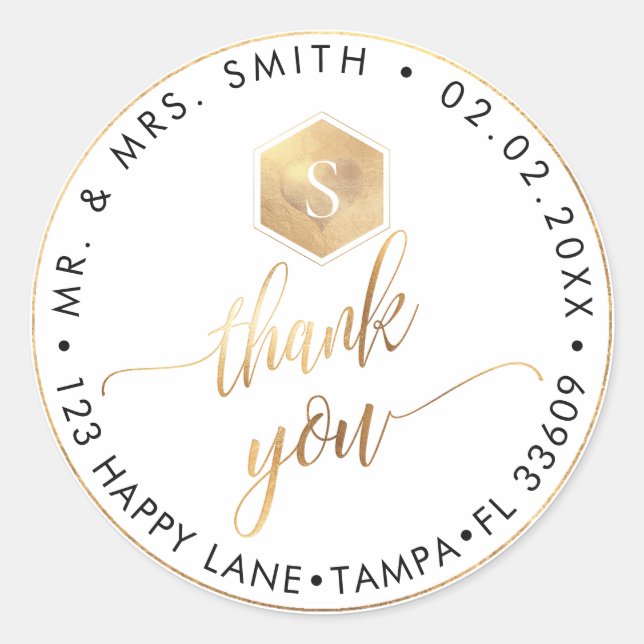 PixDezines FAUX GOLD HONEYCOMB, THANK YOU+HEART Classic Round Sticker (Front)