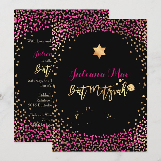 PixDezines Faux Gold+Hot Pink Confetti Bat Mitzvah Invitation (Front/Back)
