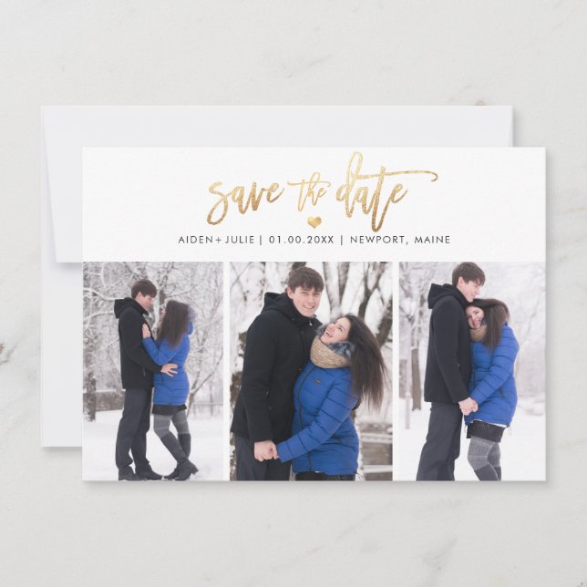 PixDezines Faux Gold Modern Brush Script Save The Date (Front)