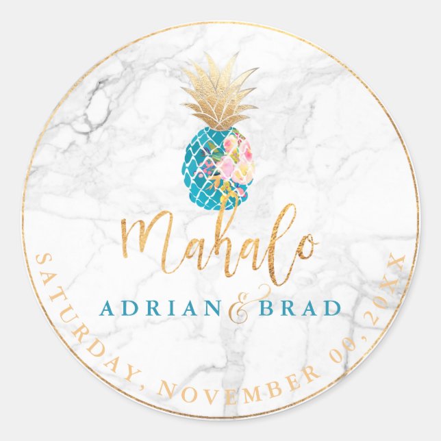 PixDezines Faux Gold Pineapple/Aqua/Marble Classic Round Sticker (Front)