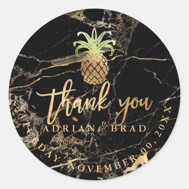 PixDezines Faux Gold Pineapple/Black Gold Marble Classic Round Sticker (Front)
