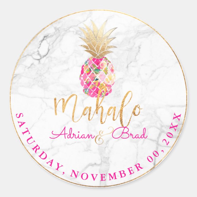 PixDezines Faux Gold Pineapple/Hot Pink/Marble Classic Round Sticker (Front)