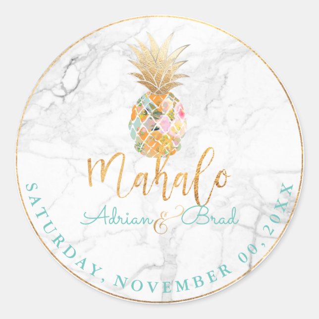 PixDezines Faux Gold Pineapple/Marble Classic Round Sticker (Front)