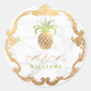 PixDezines Faux Gold Pineapple+Marble Slab Classic Round Sticker