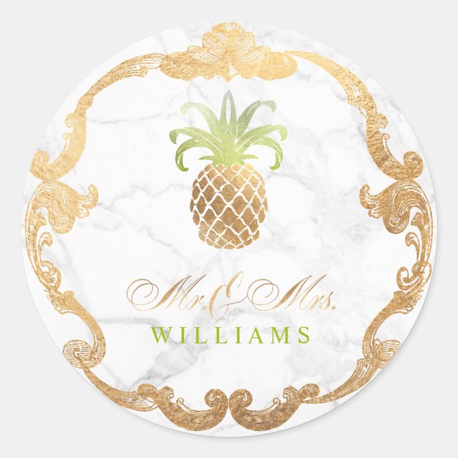 PixDezines Faux Gold Pineapple+Marble Slab Classic Round Sticker (Front)