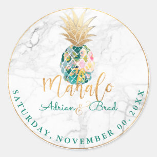 PixDezines Faux Gold Pineapple/Marble/Teal Classic Round Sticker