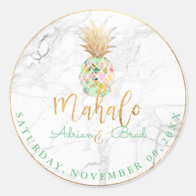 PixDezines Faux Gold Pineapple/Mint/Marble Classic Round Sticker (Front)