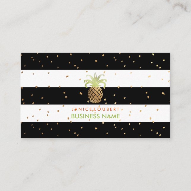 PixDezines Faux Gold Pineapples/B+W Stripes Business Card (Front)