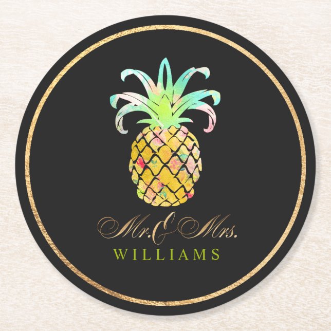 PixDezines Faux Gold/Pineapples Round Paper Coaster (Front)