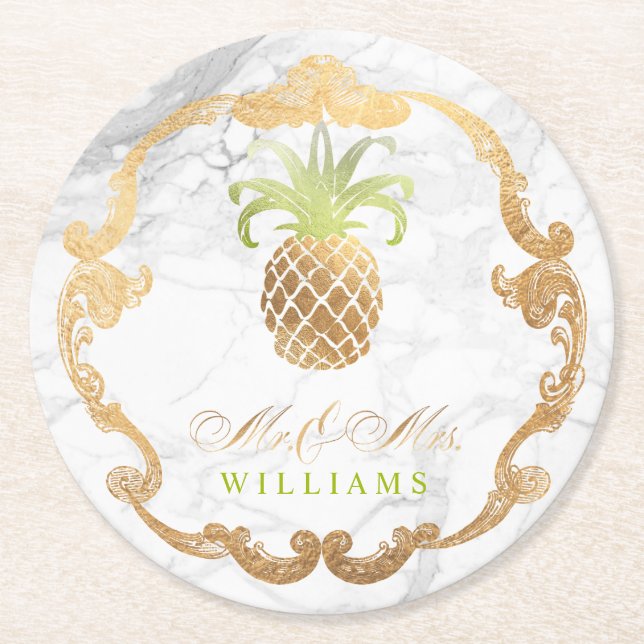 PixDezines Faux Gold Pineapples+White Marble Round Paper Coaster (Front)