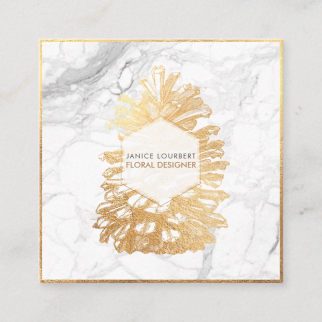 PixDezines FAUX GOLD PINECONES+MARBLE Square Business Card (Front)