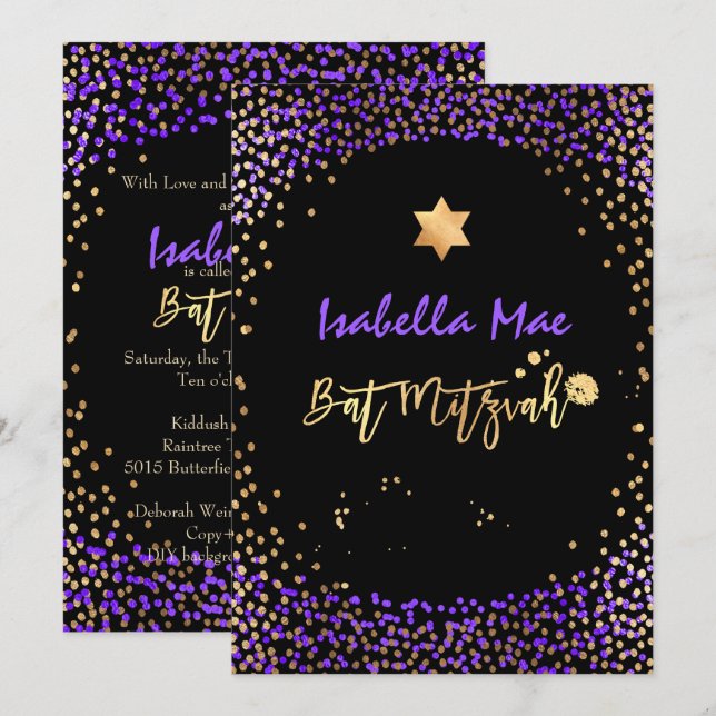 PixDezines Faux Gold+Purple Confetti Bat Mitzvah Invitation (Front/Back)