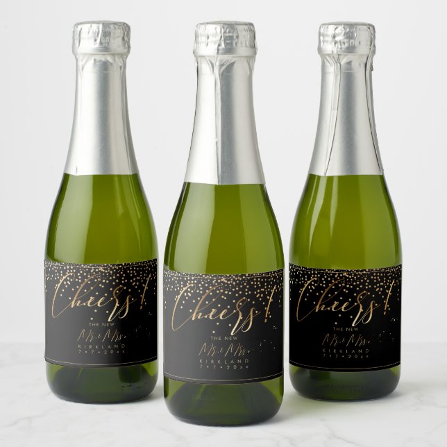 PixDezines Faux Gold Script, Cheers+Confetti Sparkling Wine Label (Bottles)