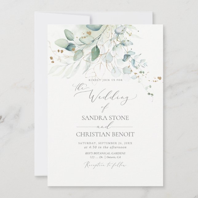 PixDezines Faux Gold Watercolor Eucalyptus Wedding Invitation (Front)