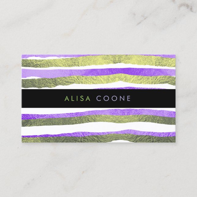 PixDezines faux green+purple foil stripes Business Card (Front)
