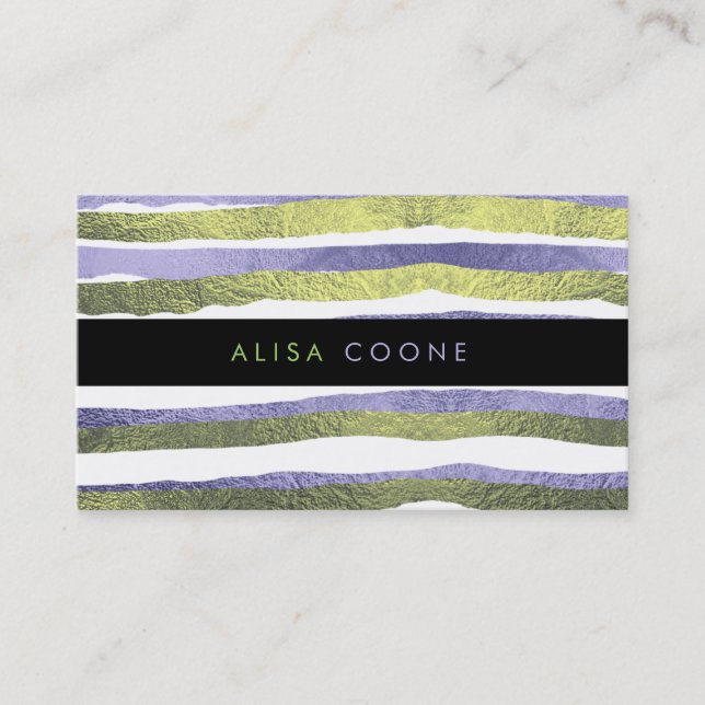 PixDezines faux green+purple foil stripes Business Card (Front)