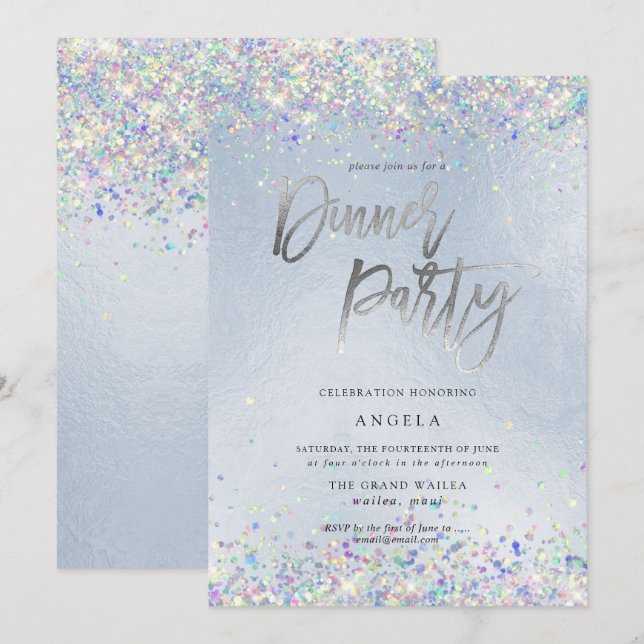 PixDezines Faux Hologram Dusty Blue Dinner Party Invitation (Front/Back)