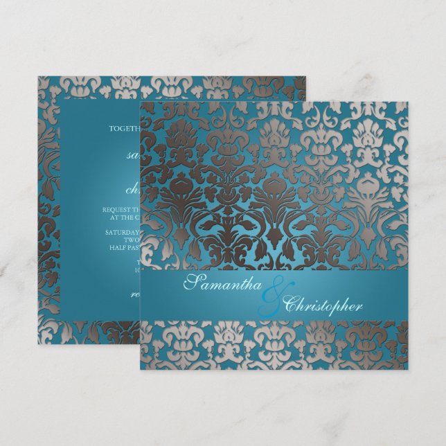 PixDezines faux platinum flora damask/teal Invitation (Front/Back)