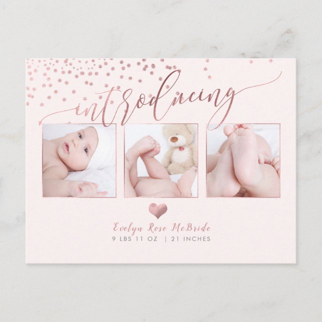 PixDezines Faux Rose Gold Confetti/Birth Announce Announcement Postcard (Front)