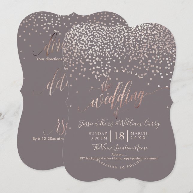 PixDezines Faux Rose Gold Confetti Wedding+RSVP Invitation (Front/Back)