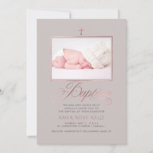 PixDezines Faux Rose Gold Cross Baptism Invitation